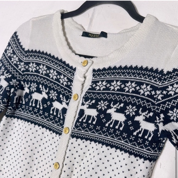 Maxmid Cream Navy Jacquard Moose Print Fair Isle Button Up Knit Cardigan S - Picture 8 of 11